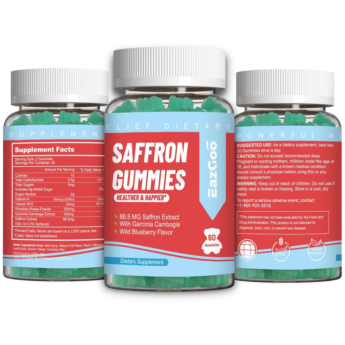 EAZGOO Safran Gummis mit Safranextrakt für positive Stimmung & ruhige Nerven, Energie, mit Garcinia Cambogia, Vitamin A, B12, Rhodiola Rosea – 60 Gummis