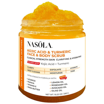 Nasola Kojic Acid Turmeric Gesichts- und Körperpeeling - Feuchtigkeitsspendendes & Peeling-Zuckerpeeling mit Sheabutter & Ölen für alle Hauttypen - Entfernt abgestorbene Haut für ein hydratisiertes Gefühl, tolles Geschenk für Frauen & Männer