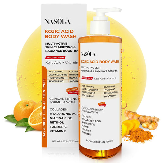 Nasola Kojic Acid Body Wash – Kurkuma & Vitamin C Hautaufhellendes Duschgel für tiefe sanfte Feuchtigkeitspflege – Feuchtigkeitsspendendes Körperwaschmittel für Frauen & Männer für alle Hauttypen – 350 ml