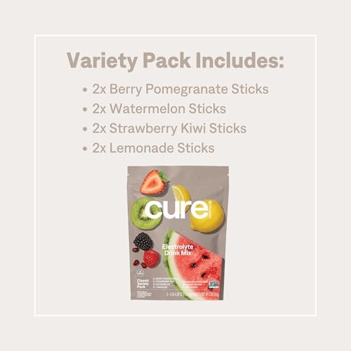 Cure Hydration | Pflanzlicher Elektrolyt-Drink-Mix | Ohne Zuckerzusatz | FSA-HSA | Dehydrationshilfe-Pulver mit Kokoswasser | Nicht-GVO | Vegan | 8 Beutel - Sortenpaket