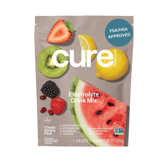 Cure Hydration | Pflanzlicher Elektrolyt-Drink-Mix | Ohne Zuckerzusatz | FSA-HSA | Dehydrationshilfe-Pulver mit Kokoswasser | Nicht-GVO | Vegan | 8 Beutel - Sortenpaket