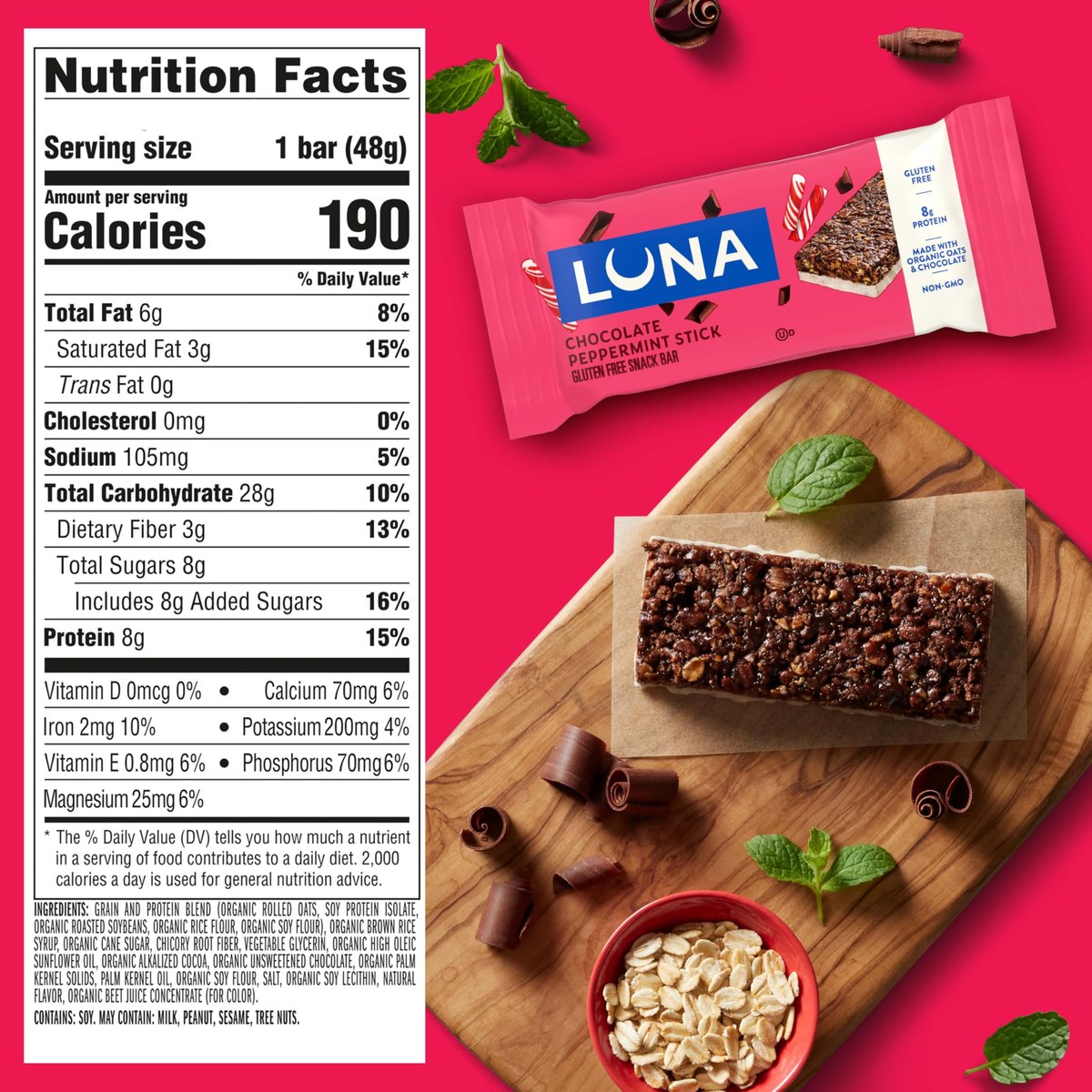 LUNA Bar – Chocolate Peppermint Stick – Glutenfreie Snackriegel – Proteinriegel mit Bio-Hafer – Non-GMO – 12er-Pack