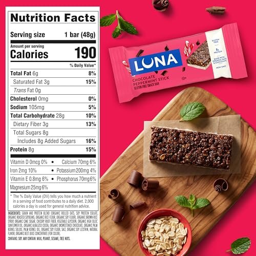 LUNA Bar – Chocolate Peppermint Stick – Glutenfreie Snackriegel – Proteinriegel mit Bio-Hafer – Non-GMO – 12er-Pack