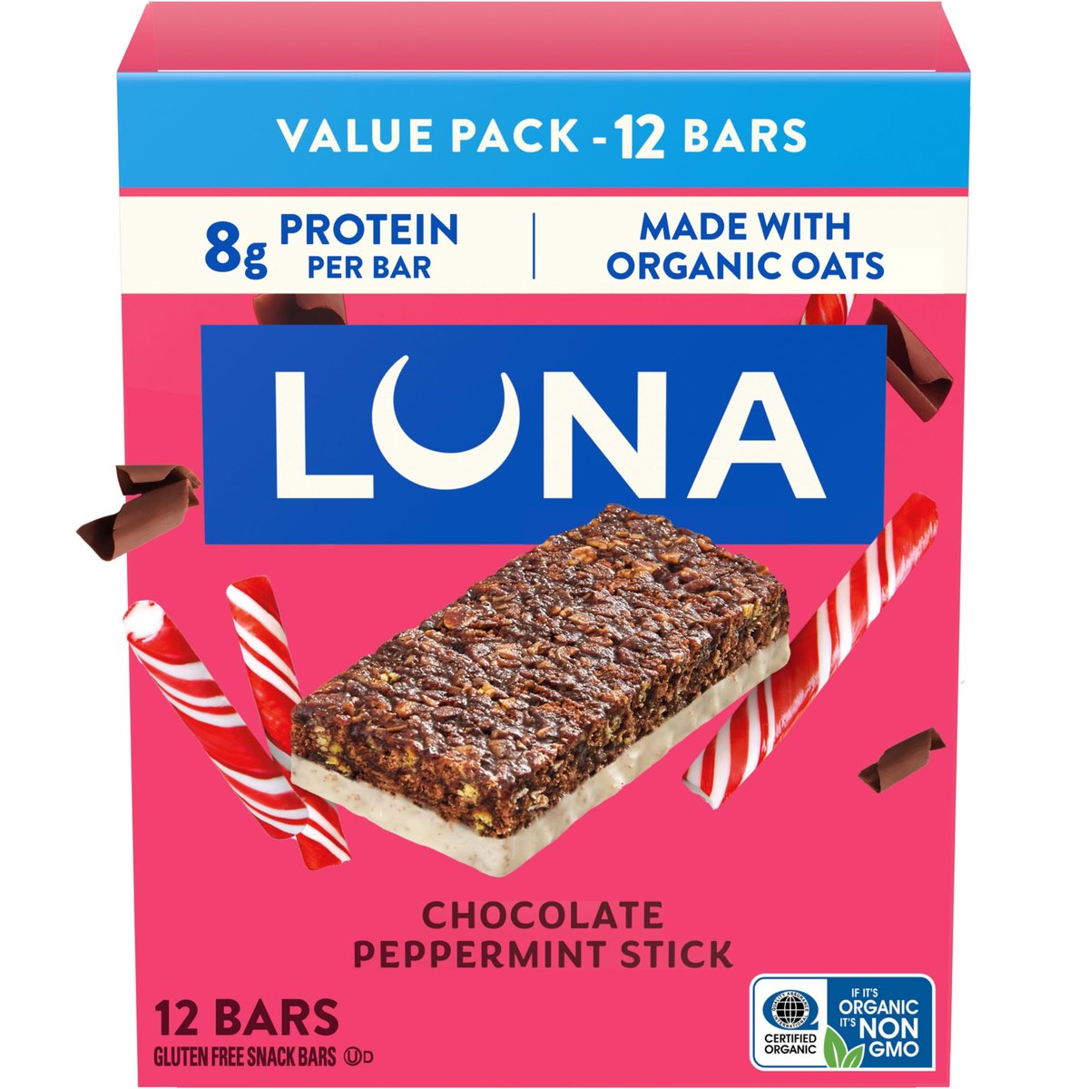LUNA Bar – Chocolate Peppermint Stick – Glutenfreie Snackriegel – Proteinriegel mit Bio-Hafer – Non-GMO – 12er-Pack