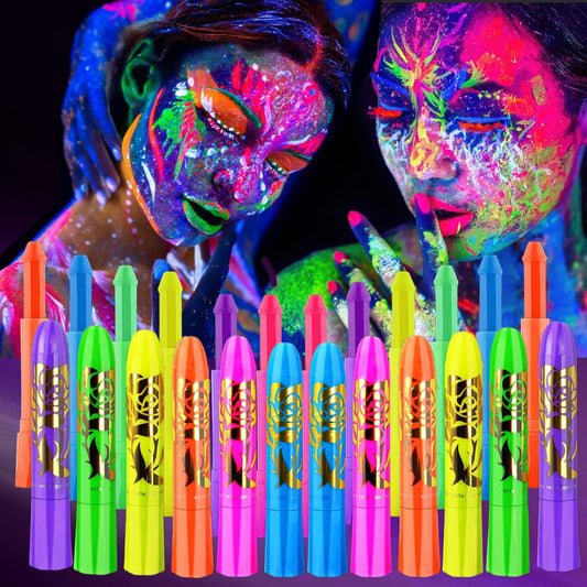 12-teiliges Glow-in-the-Dark-Gesichts- und Körperfarbenset – Neon-Leuchtfarben für UV-Schwarzlicht – Halloween-Zubehör und Partybedarf