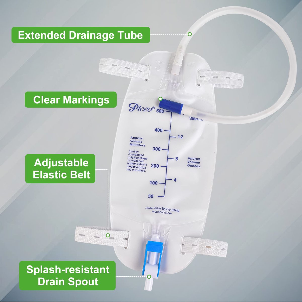 3er-Pack Easy-Tap Katheter Beinbeutel Urinbeutel, 500 ml, mit Rückflussverhinderer, Stoffbändern, Easy-Flip-Ablass, 45 cm Schlauch