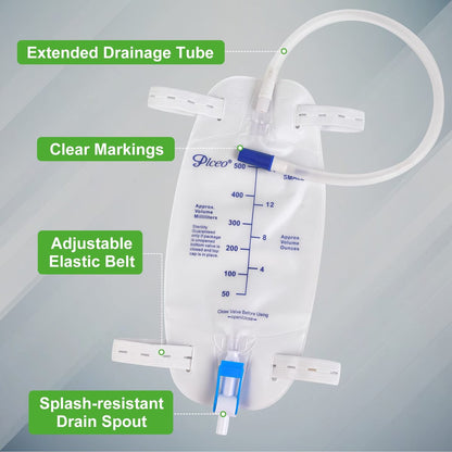 3er-Pack Easy-Tap Katheter Beinbeutel Urinbeutel, 500 ml, mit Rückflussverhinderer, Stoffbändern, Easy-Flip-Ablass, 45 cm Schlauch
