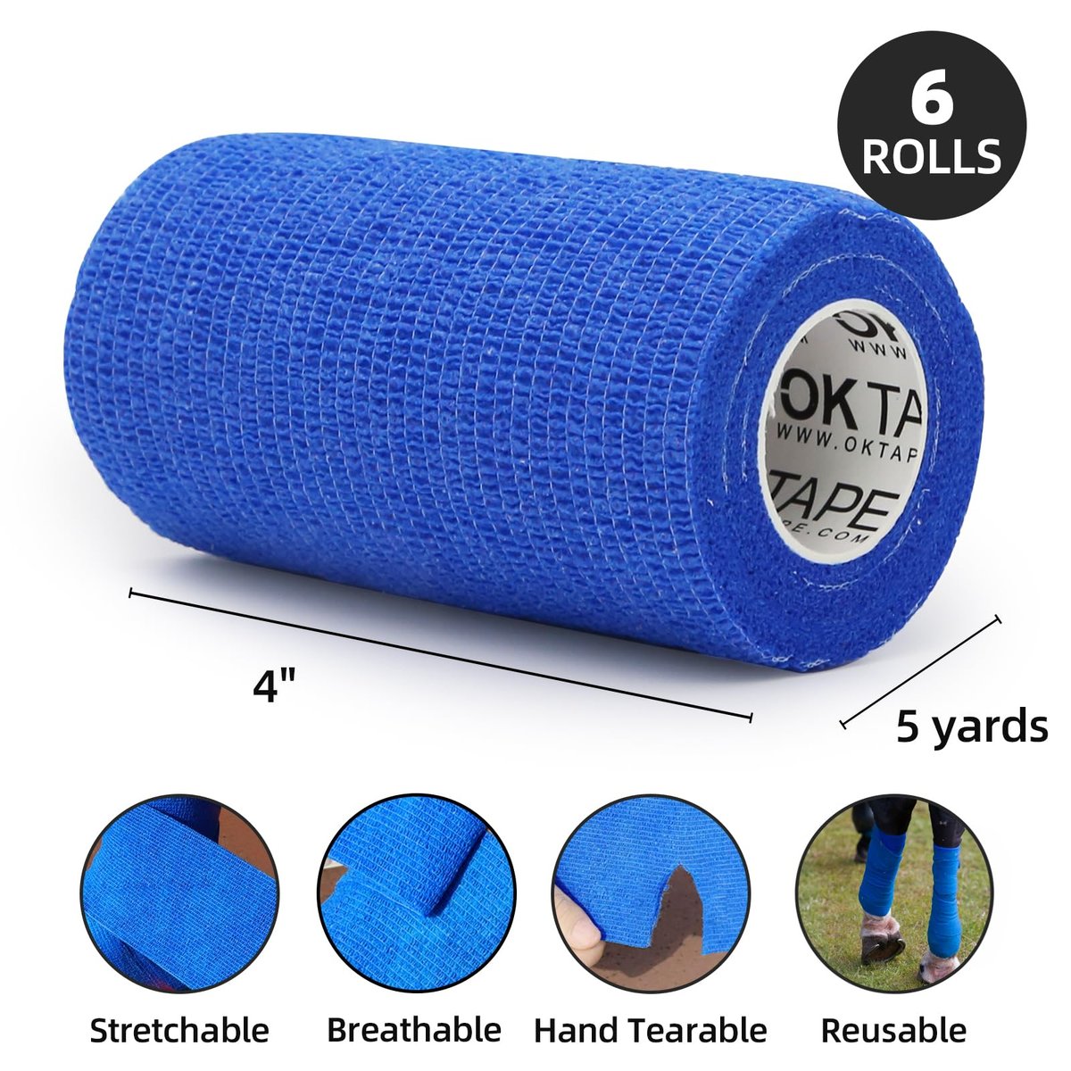 OK TAPE Selbsthaftende Kohäsive Bandagen - 6er-Pack, 10 cm x 4,5 m, Nicht gewebte selbstklebende Bandage für Daumen, Finger, Handgelenk, Knöchel, Tierverband (Gemischte Farben)