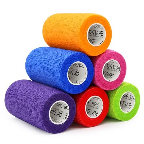 OK TAPE Selbsthaftende Kohäsive Bandagen - 6er-Pack, 10 cm x 4,5 m, Nicht gewebte selbstklebende Bandage für Daumen, Finger, Handgelenk, Knöchel, Tierverband (Gemischte Farben)