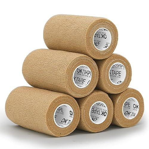 OK TAPE Selbsthaftende Kohäsive Bandagen – 6er-Pack, 4 Zoll x 5 Yards, Vlies-Selbstklebeband für Daumen, Finger, Handgelenk, Knöchel, Tierbandagen (Beige)