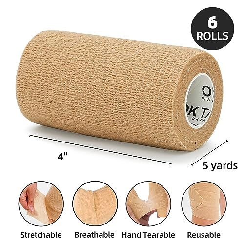 OK TAPE Selbsthaftende Kohäsive Bandagen – 6er-Pack, 4 Zoll x 5 Yards, Vlies-Selbstklebeband für Daumen, Finger, Handgelenk, Knöchel, Tierbandagen (Beige)