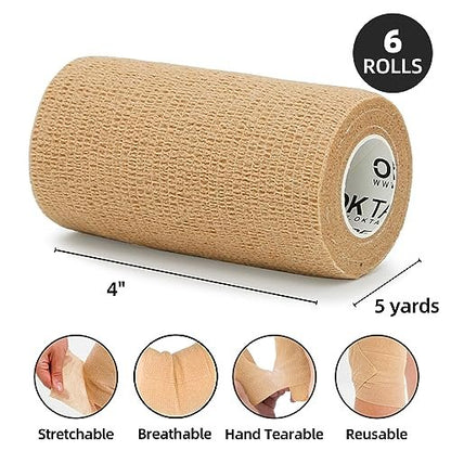 OK TAPE Selbsthaftende Kohäsive Bandagen – 6er-Pack, 4 Zoll x 5 Yards, Vlies-Selbstklebeband für Daumen, Finger, Handgelenk, Knöchel, Tierbandagen (Beige)