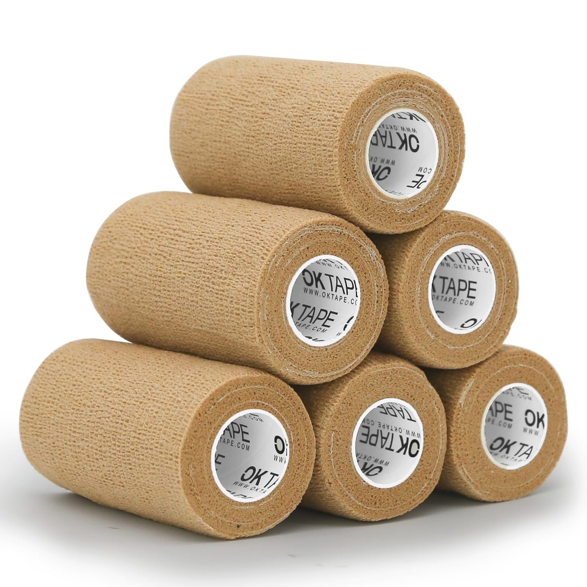 OK TAPE Selbsthaftende Kohäsive Bandagen – 6er-Pack, 4 Zoll x 5 Yards, Vlies-Selbstklebeband für Daumen, Finger, Handgelenk, Knöchel, Tierbandagen (Beige)