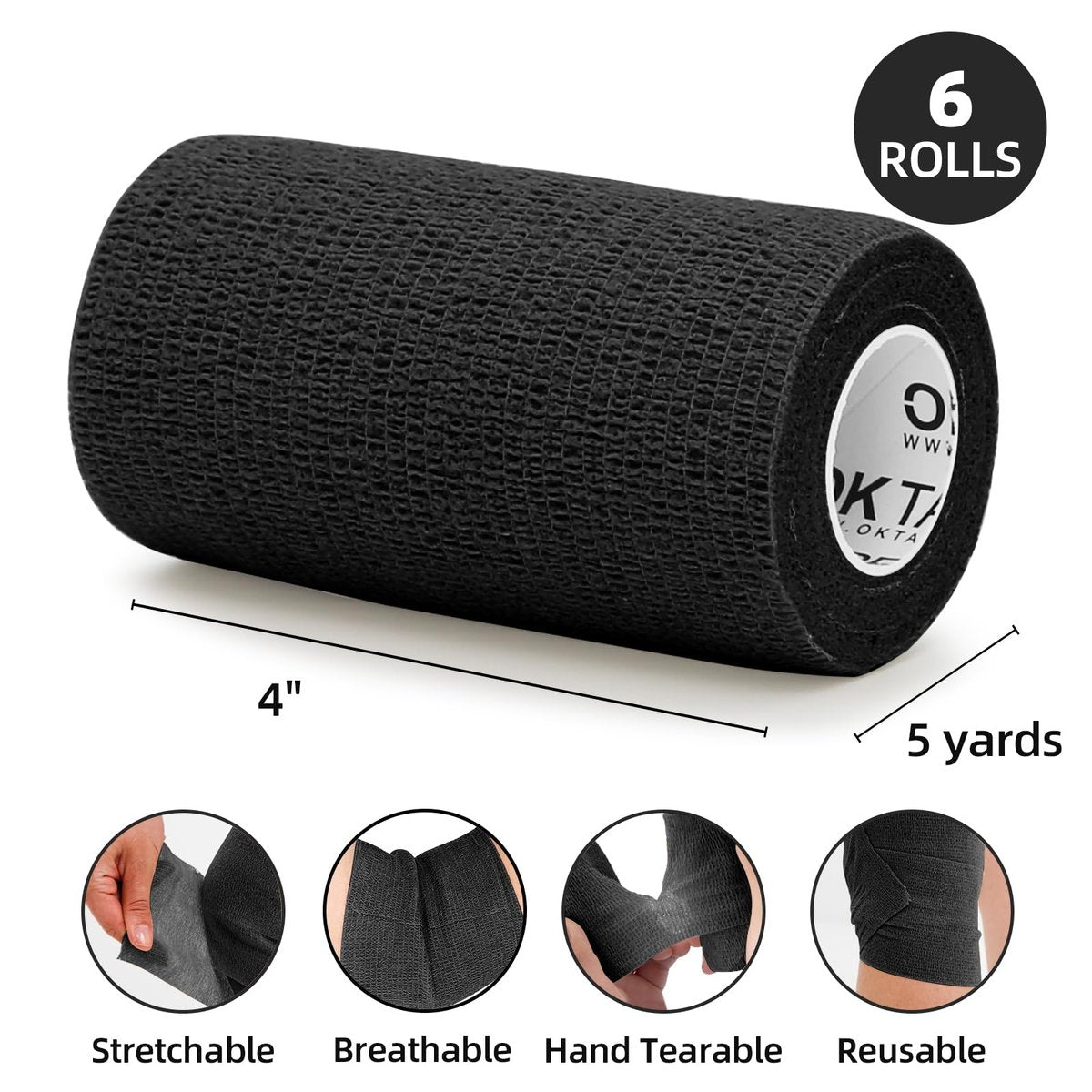 OK TAPE Selbsthaftende Kohäsive Bandagen – 6er-Pack, 4 x 5 Yards, schwarz – Elastische Fixierbinde ohne Kleber für Daumen, Finger, Handgelenk, Knöchel, Tierpflege
