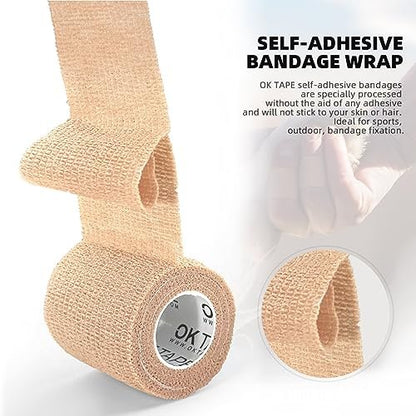 OK TAPE Selbsthaftende Kohäsive Bandagen – 6er-Pack, 4 x 5 Yards, schwarz – Elastische Fixierbinde ohne Kleber für Daumen, Finger, Handgelenk, Knöchel, Tierpflege