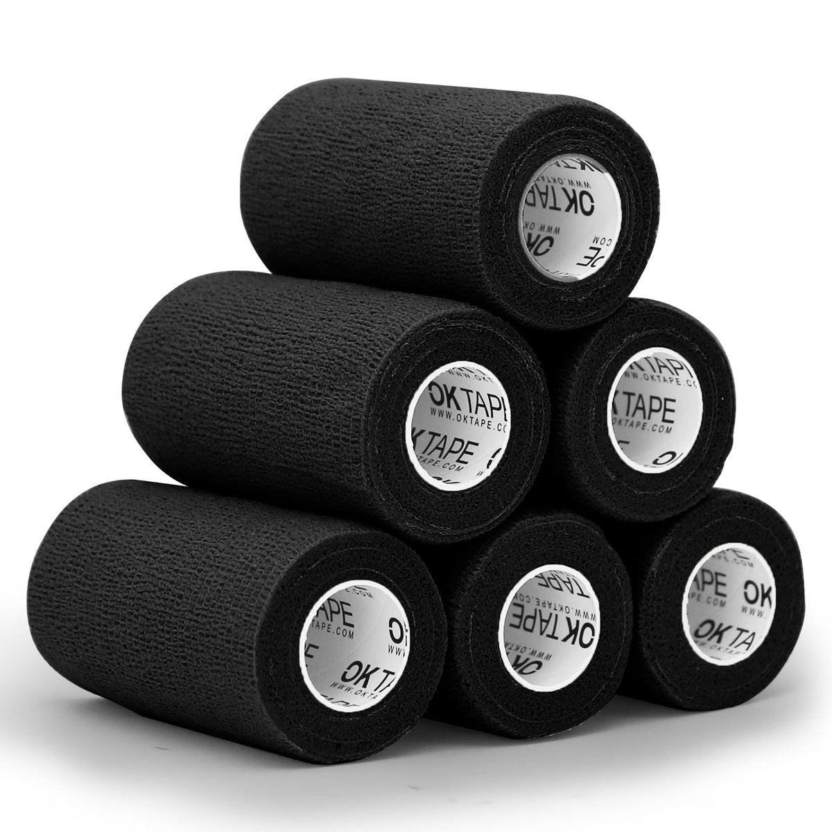OK TAPE Selbsthaftende Kohäsive Bandagen – 6er-Pack, 4 x 5 Yards, schwarz – Elastische Fixierbinde ohne Kleber für Daumen, Finger, Handgelenk, Knöchel, Tierpflege