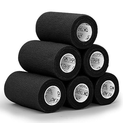 OK TAPE Selbsthaftende Kohäsive Bandagen – 6er-Pack, 4 x 5 Yards, schwarz – Elastische Fixierbinde ohne Kleber für Daumen, Finger, Handgelenk, Knöchel, Tierpflege