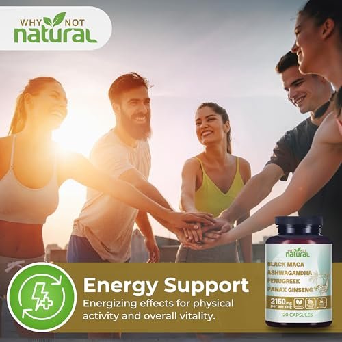 Why Not Natural 4-in-1 Bio Schwarze Maca Wurzel, Ashwagandha, Bockshornklee, Panax Ginseng Kapseln – Nahrungsergänzungsmittel für Männer und Frauen