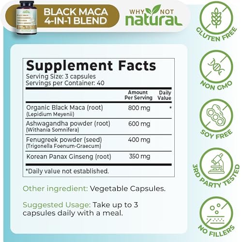 Why Not Natural 4-in-1 Bio Schwarze Maca Wurzel, Ashwagandha, Bockshornklee, Panax Ginseng Kapseln – Nahrungsergänzungsmittel für Männer und Frauen