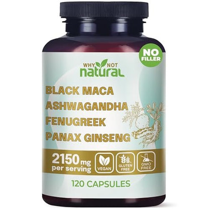 Why Not Natural 4-in-1 Bio Schwarze Maca Wurzel, Ashwagandha, Bockshornklee, Panax Ginseng Kapseln – Nahrungsergänzungsmittel für Männer und Frauen