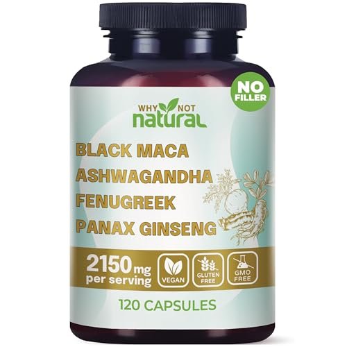 Why Not Natural 4-in-1 Bio Schwarze Maca Wurzel, Ashwagandha, Bockshornklee, Panax Ginseng Kapseln – Nahrungsergänzungsmittel für Männer und Frauen