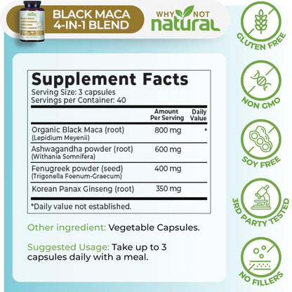 Why Not Natural 4-in-1 Bio Schwarze Maca Wurzel, Ashwagandha, Bockshornklee, Panax Ginseng Kapseln – Nahrungsergänzungsmittel für Männer und Frauen