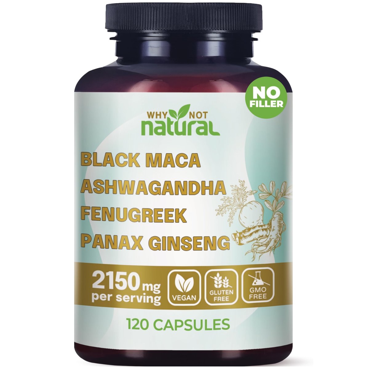 Why Not Natural 4-in-1 Bio Schwarze Maca Wurzel, Ashwagandha, Bockshornklee, Panax Ginseng Kapseln – Nahrungsergänzungsmittel für Männer und Frauen