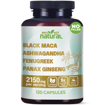 Why Not Natural 4-in-1 Bio Schwarze Maca Wurzel, Ashwagandha, Bockshornklee, Panax Ginseng Kapseln – Nahrungsergänzungsmittel für Männer und Frauen