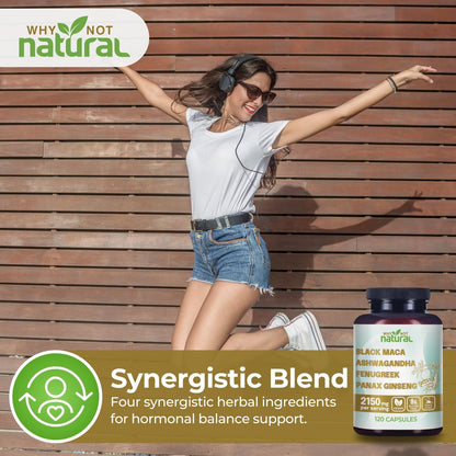 Why Not Natural 4-in-1 Bio Schwarze Maca Wurzel, Ashwagandha, Bockshornklee, Panax Ginseng Kapseln – Nahrungsergänzungsmittel für Männer und Frauen