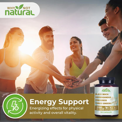 Why Not Natural 4-in-1 Bio Schwarze Maca Wurzel, Ashwagandha, Bockshornklee, Panax Ginseng Kapseln – Nahrungsergänzungsmittel für Männer und Frauen