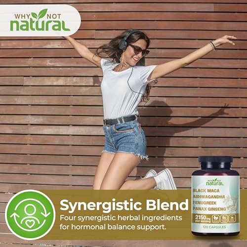 Why Not Natural 4-in-1 Bio Schwarze Maca Wurzel, Ashwagandha, Bockshornklee, Panax Ginseng Kapseln – Nahrungsergänzungsmittel für Männer und Frauen