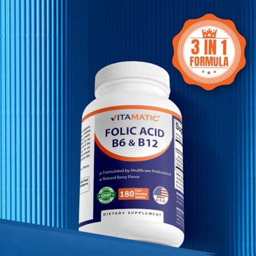 Vitamatic Folsäure, Vitamin B12 & B6 – 180 schnell lösliche Tabletten für Herzgesundheit, Energieproduktion & Unterstützung der roten Blutkörperchen
