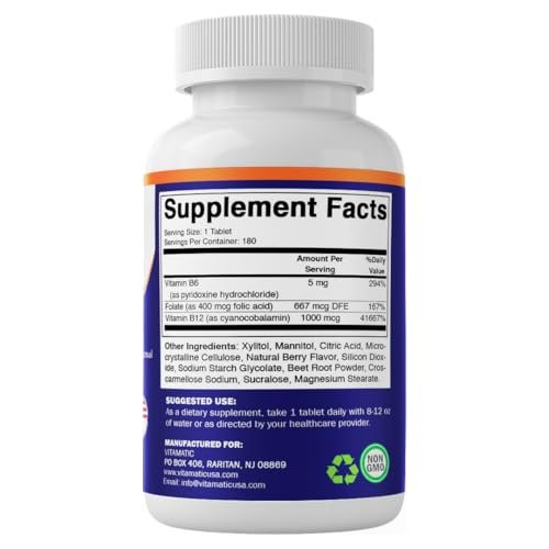 Vitamatic Folsäure, Vitamin B12 & B6 – 180 schnell lösliche Tabletten für Herzgesundheit, Energieproduktion & Unterstützung der roten Blutkörperchen