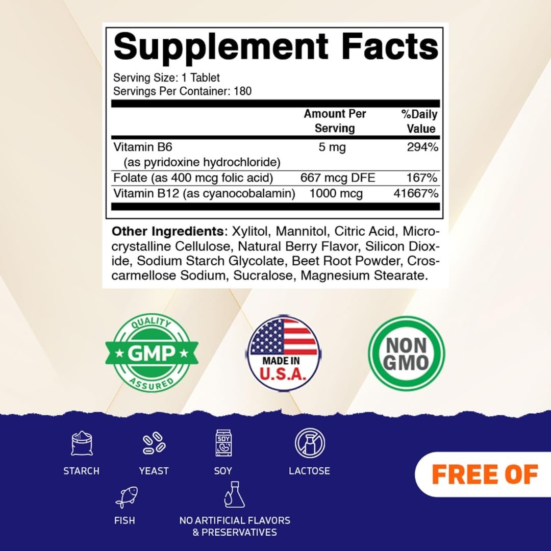 Vitamatic Folsäure, Vitamin B12 & B6 – 180 schnell lösliche Tabletten für Herzgesundheit, Energieproduktion & Unterstützung der roten Blutkörperchen