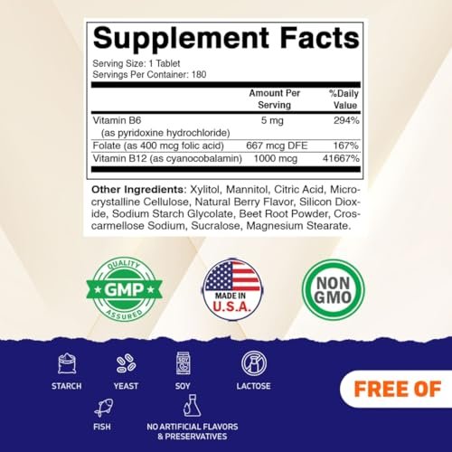Vitamatic Folsäure, Vitamin B12 & B6 – 180 schnell lösliche Tabletten für Herzgesundheit, Energieproduktion & Unterstützung der roten Blutkörperchen