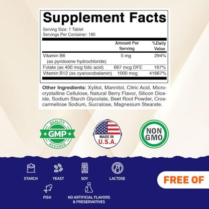 Vitamatic Folsäure, Vitamin B12 & B6 – 180 schnell lösliche Tabletten für Herzgesundheit, Energieproduktion & Unterstützung der roten Blutkörperchen