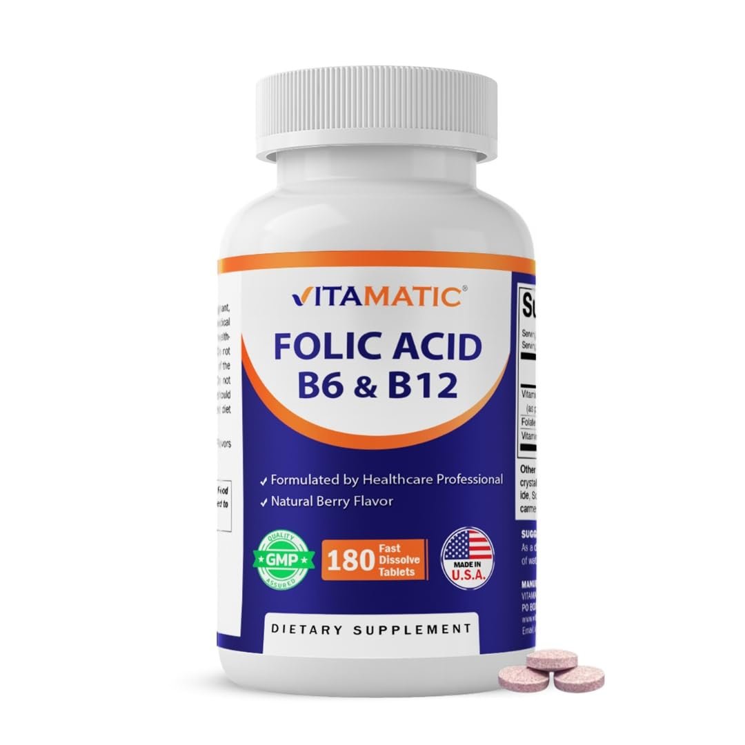 Vitamatic Folsäure, Vitamin B12 & B6 – 180 schnell lösliche Tabletten für Herzgesundheit, Energieproduktion & Unterstützung der roten Blutkörperchen