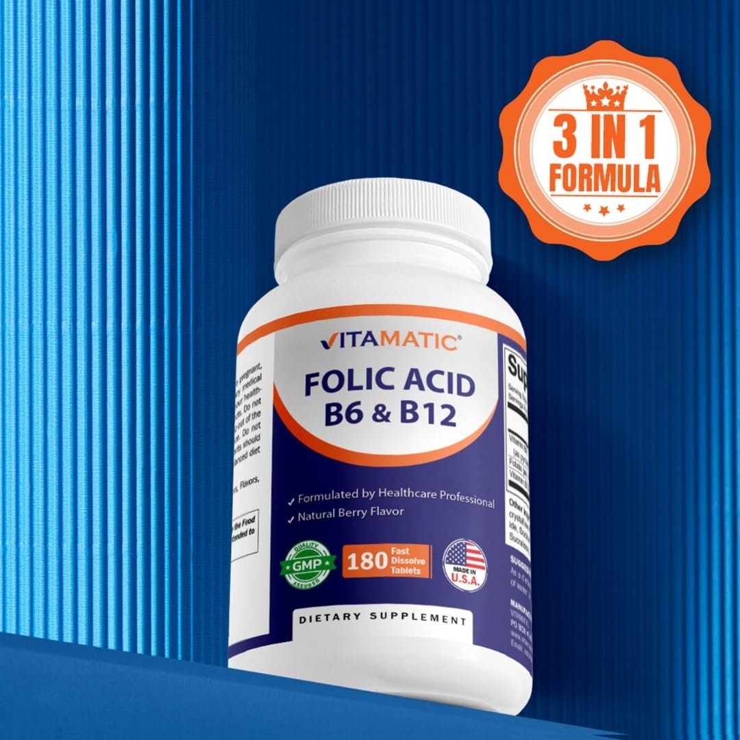 Vitamatic Folsäure, Vitamin B12 & B6 – 180 schnell lösliche Tabletten für Herzgesundheit, Energieproduktion & Unterstützung der roten Blutkörperchen