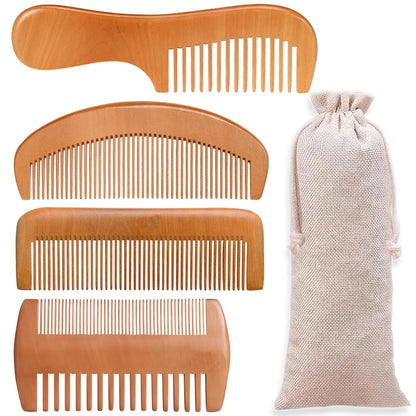 4-teiliges Naturbambus-Kamm-Set für Frauen und Männer – Breitzahn-Entwirrungs-, Bart- und Feinkämme für lockiges, dickes und welliges Haar inkl. Geschenktasche