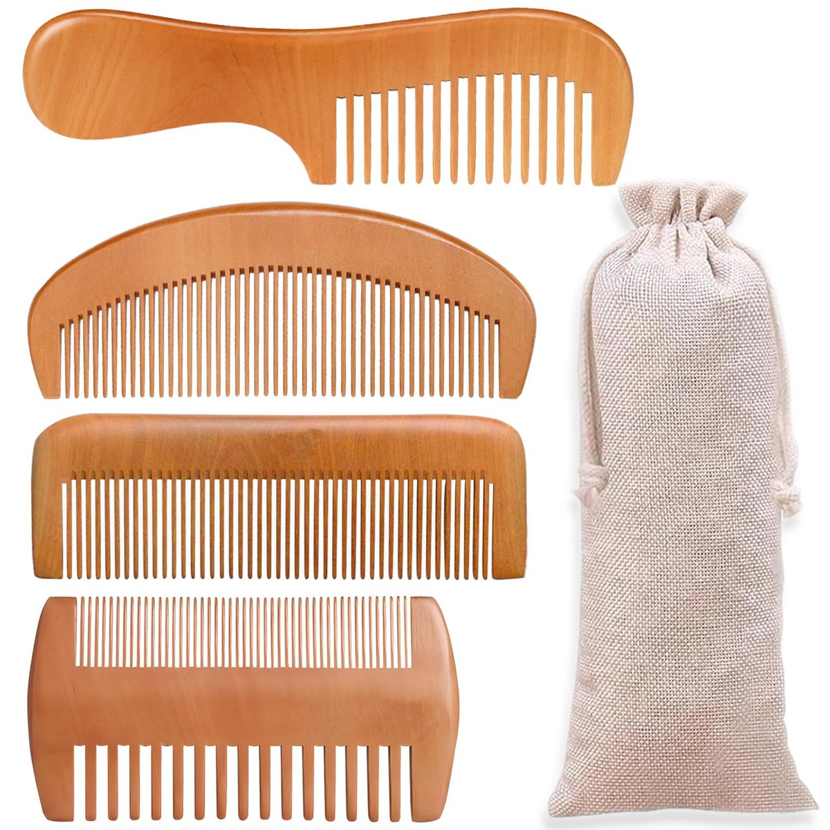 4-teiliges Naturbambus-Kamm-Set für Frauen und Männer – Breitzahn-Entwirrungs-, Bart- und Feinkämme für lockiges, dickes und welliges Haar inkl. Geschenktasche