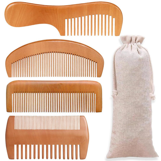 4-teiliges Naturbambus-Kamm-Set für Frauen und Männer – Breitzahn-Entwirrungs-, Bart- und Feinkämme für lockiges, dickes und welliges Haar inkl. Geschenktasche