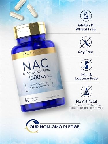 Carlyle NAC Supplement N-Acetyl Cystein 1000 mg | 80 Kapseln | mit Selen & Molybdän | Vegetarisch, Nicht-GVO & Glutenfrei
