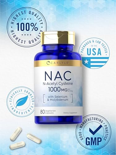Carlyle NAC Supplement N-Acetyl Cystein 1000 mg | 80 Kapseln | mit Selen & Molybdän | Vegetarisch, Nicht-GVO & Glutenfrei