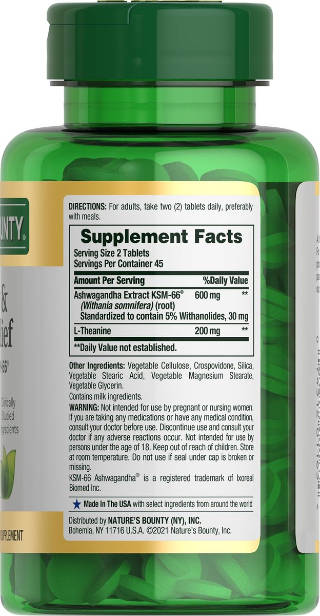 Nature's Bounty Stress Relief, Ashwagandha KSM-66, Unterstützt gelegentlichen Stressabbau, Nahrungsergänzungsmittel, 2 Tabletten täglich, Vegetarische Tabletten, Glutenfrei, 90 Stück