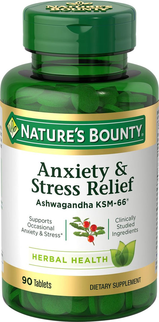 Nature's Bounty Stress Relief, Ashwagandha KSM-66, Unterstützt gelegentlichen Stressabbau, Nahrungsergänzungsmittel, 2 Tabletten täglich, Vegetarische Tabletten, Glutenfrei, 90 Stück