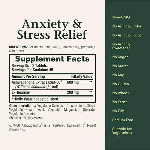 Nature's Bounty Stress Relief, Ashwagandha KSM-66, Unterstützt gelegentlichen Stressabbau, Nahrungsergänzungsmittel, 2 Tabletten täglich, Vegetarische Tabletten, Glutenfrei, 90 Stück