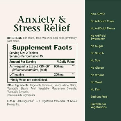 Nature's Bounty Stress Relief, Ashwagandha KSM-66, Unterstützt gelegentlichen Stressabbau, Nahrungsergänzungsmittel, 2 Tabletten täglich, Vegetarische Tabletten, Glutenfrei, 90 Stück