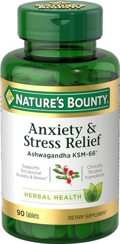 Nature's Bounty Stress Relief, Ashwagandha KSM-66, Unterstützt gelegentlichen Stressabbau, Nahrungsergänzungsmittel, 2 Tabletten täglich, Vegetarische Tabletten, Glutenfrei, 90 Stück