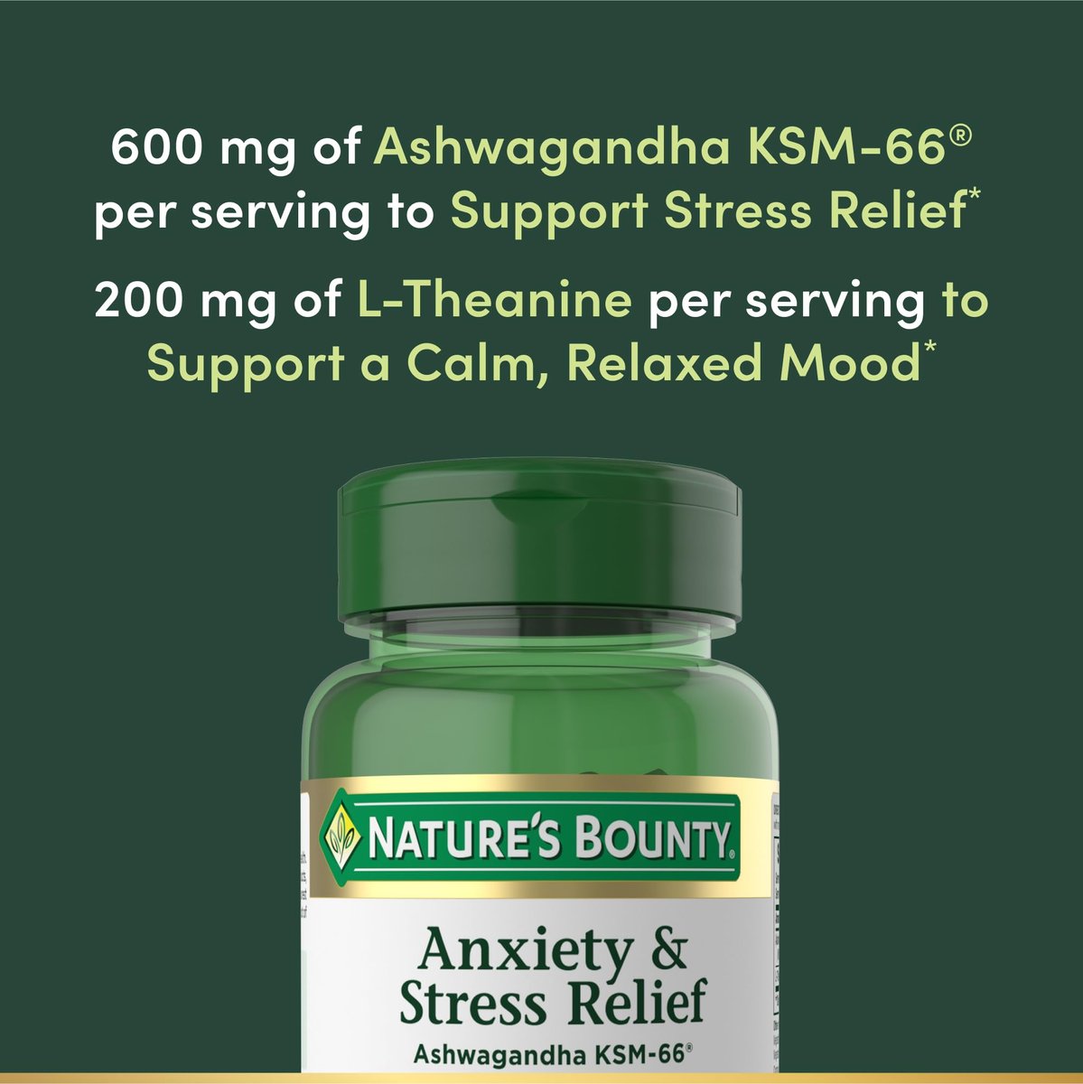 Nature's Bounty Stress Relief, Ashwagandha KSM-66, Unterstützt gelegentlichen Stressabbau, Nahrungsergänzungsmittel, 2 Tabletten täglich, Vegetarische Tabletten, Glutenfrei, 90 Stück