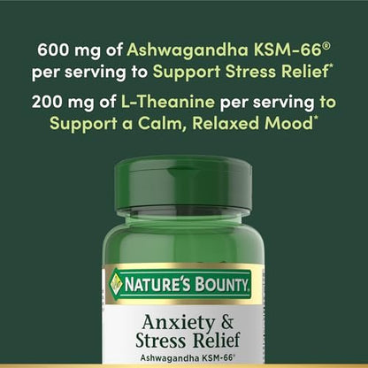 Nature's Bounty Stress Relief, Ashwagandha KSM-66, Unterstützt gelegentlichen Stressabbau, Nahrungsergänzungsmittel, 2 Tabletten täglich, Vegetarische Tabletten, Glutenfrei, 90 Stück